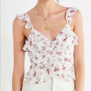 J.O.A. Women's Floral Ruffle Trim Cinched Crop Top with Smocked Back Shirt